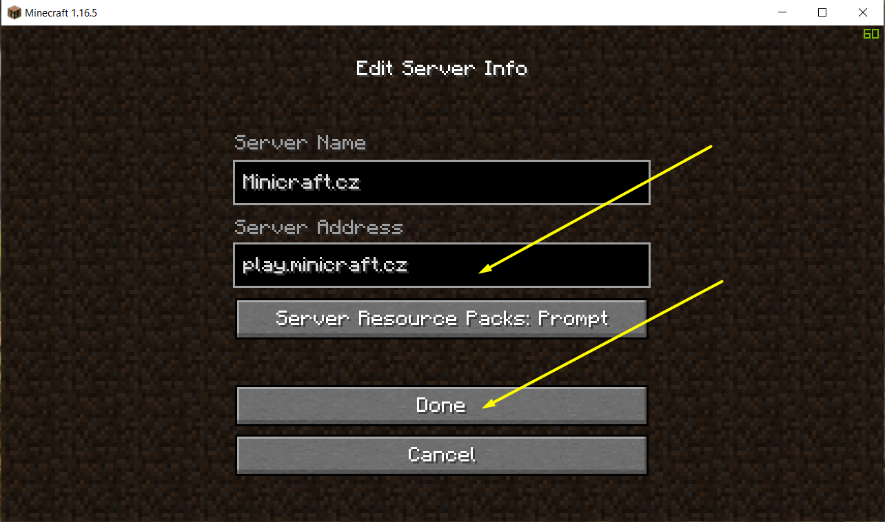 Zadání IP adresy serveru