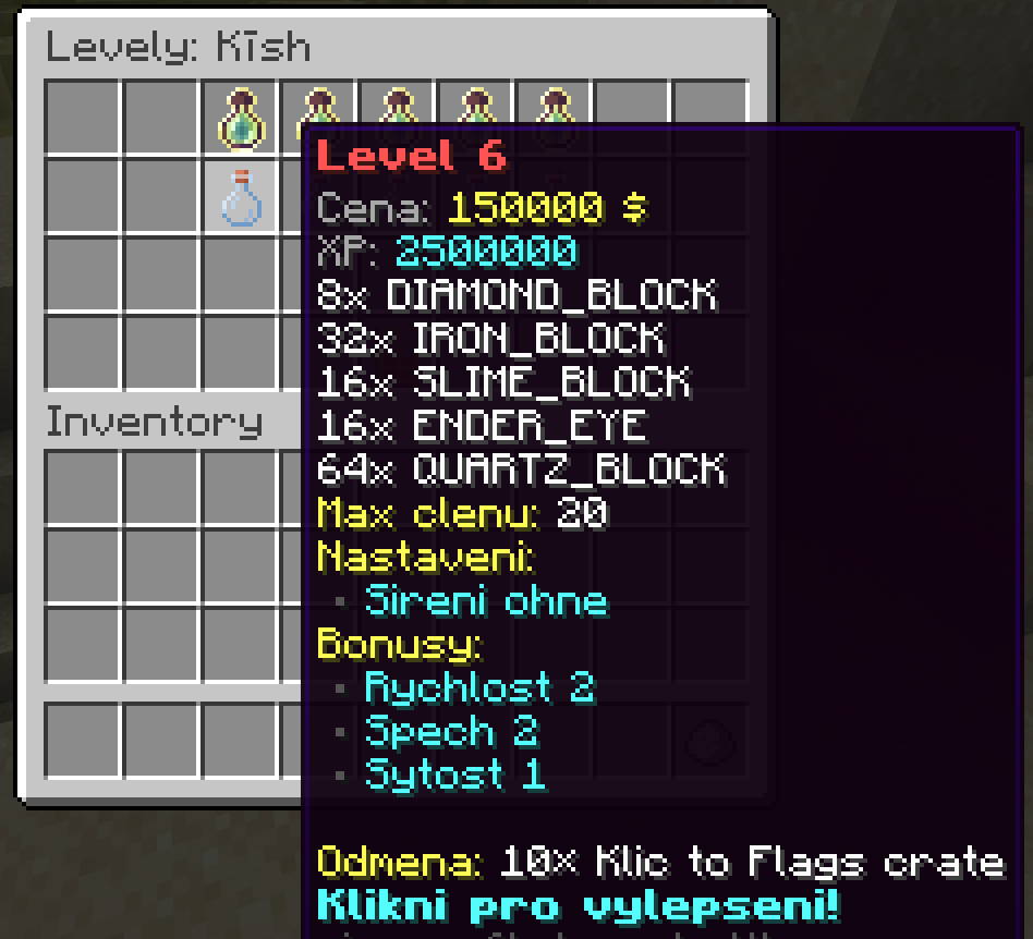 Menu upgradu levelů města