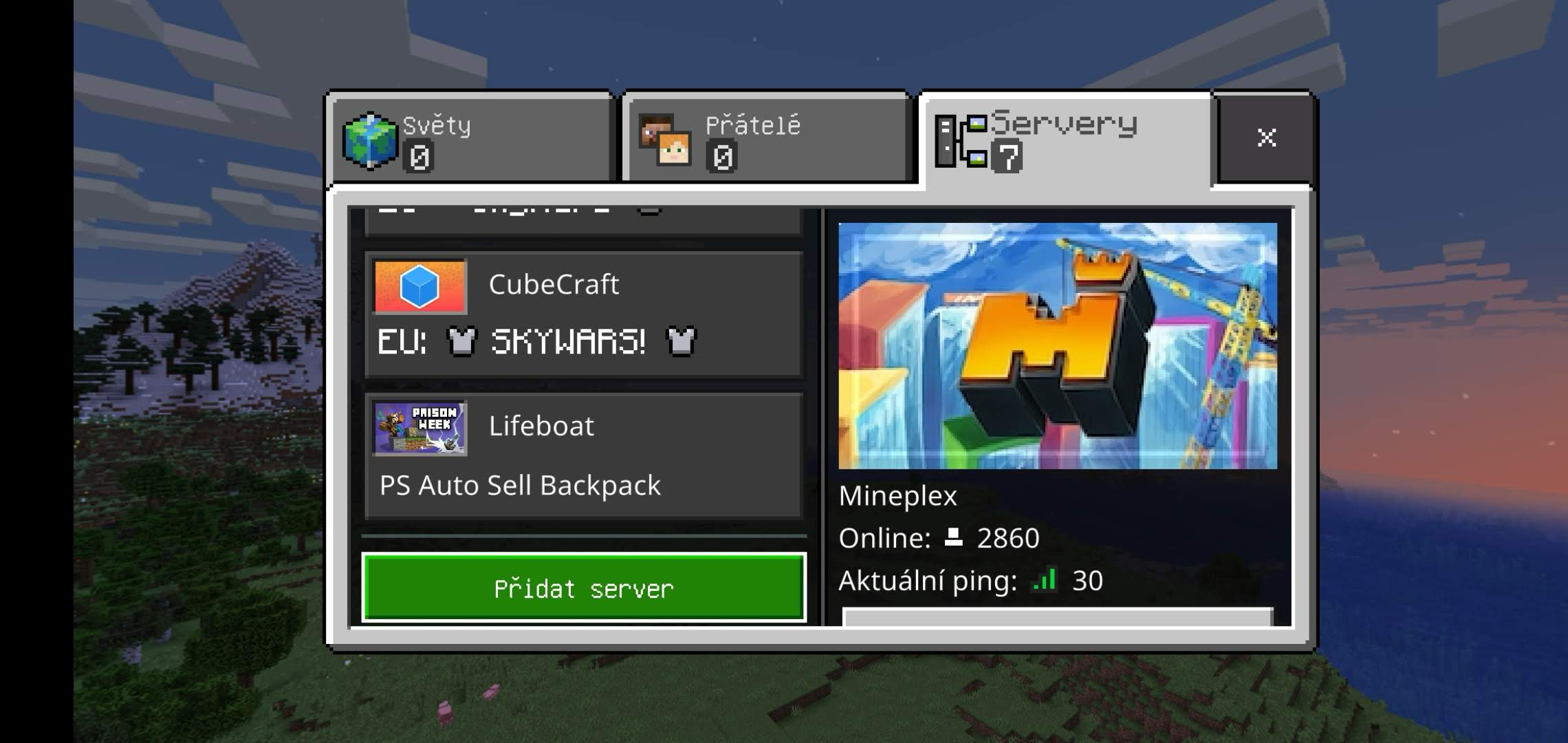 Seznam serverů a tlačítko Přidat server