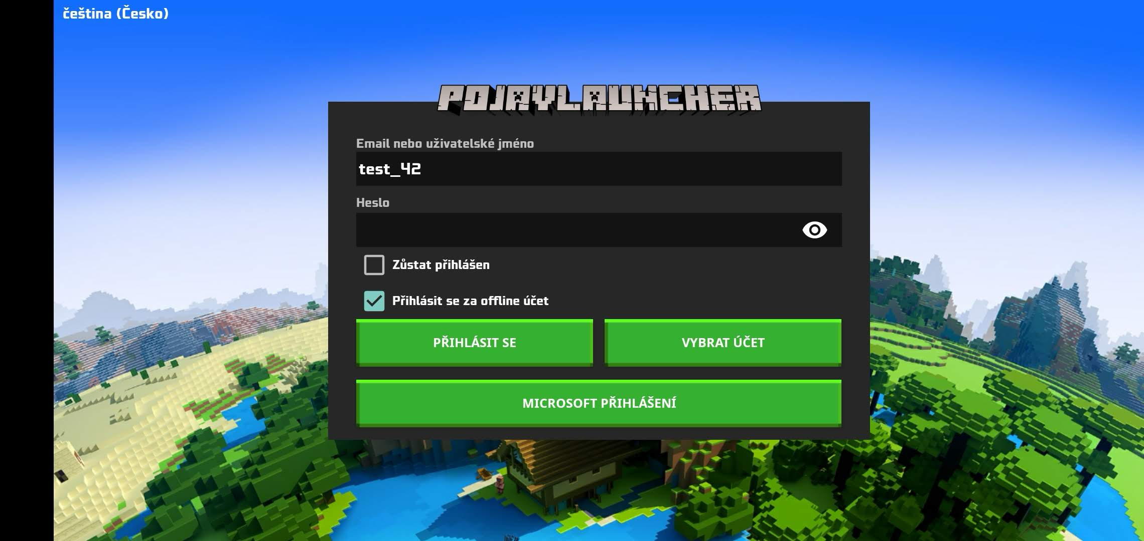 Přihlašovací obrazovka PojavLauncheru s offline účtem
