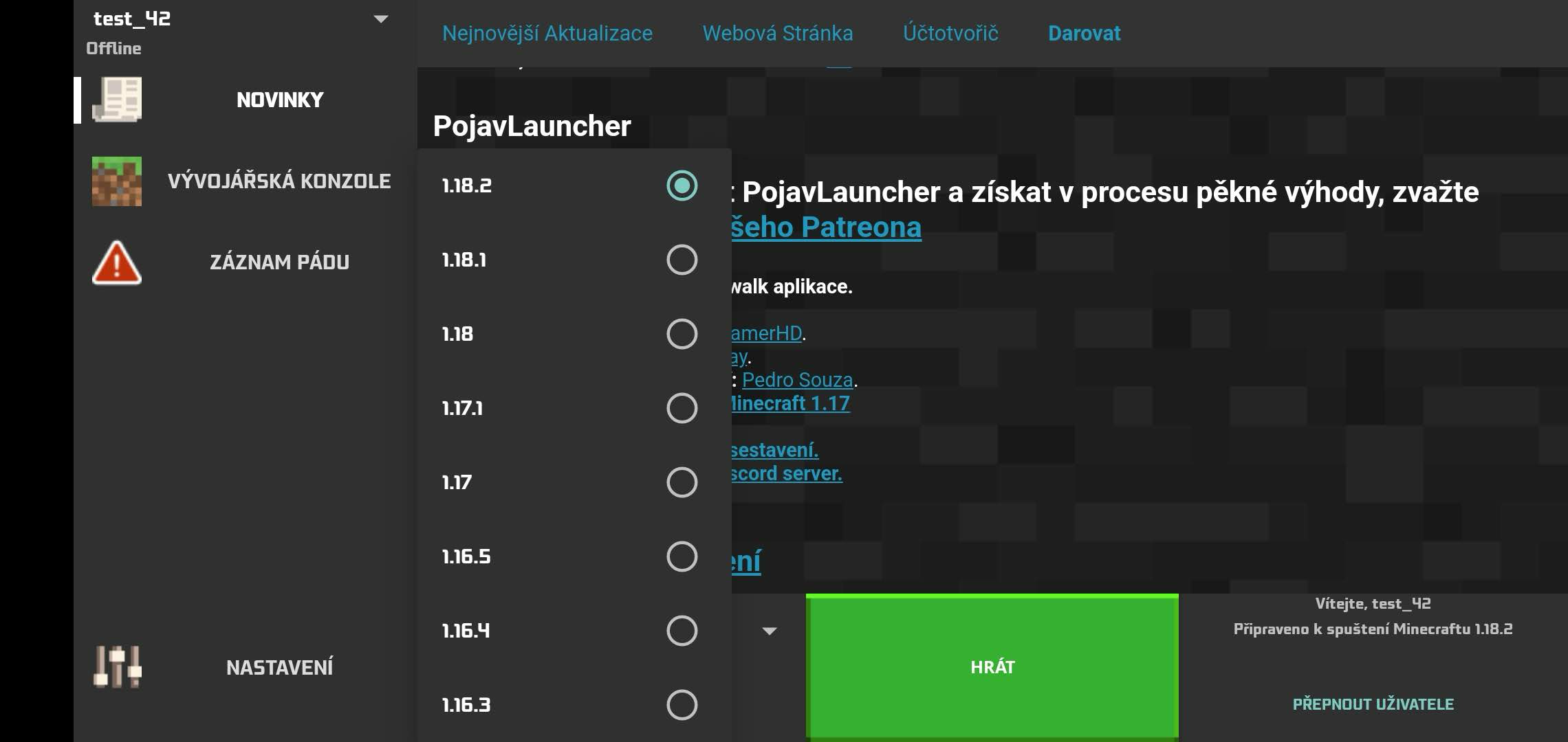 Výběr verze Minecraftu v PojavLauncheru