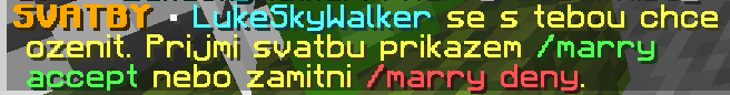 Zpráva v chatu o žádosti o svatbu s příkazy /marry accept a /marry deny
