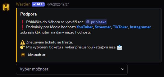 Kanál podpora na Discordu s výběrem kategorie ticketu