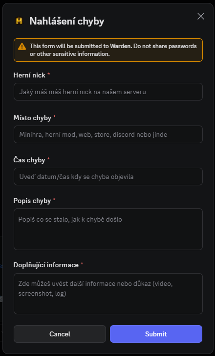 Formulář Nahlášení chyby s políčky herní nick, místo, čas a popis chyby