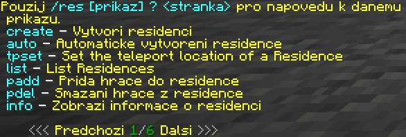 Nápověda příkazu /res se seznamem dostupných podpříkazů