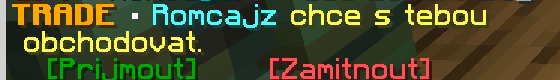 Zpráva v chatu o nabídce trade s tlačítky Prijmout a Zamitnout