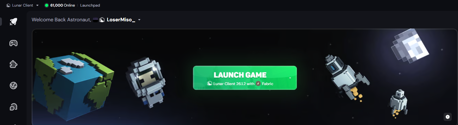 Rozbalení seznamu verzí v hlavním menu Lunar Clientu