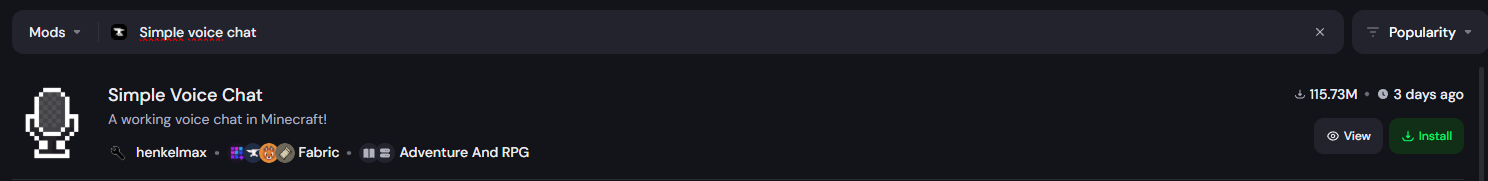 Vyhledaný mod Simple Voice Chat s tlačítkem Install