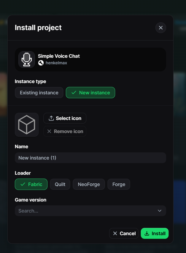 Okno s výběrem názvu, loaderu a verze Minecraftu