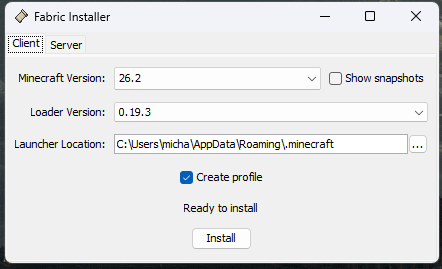Výběr verze Minecraftu v instalátoru Fabricu