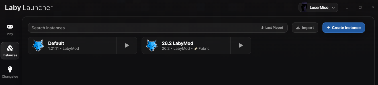 Sekce Instances a tlačítko Create Instance v LabyModu