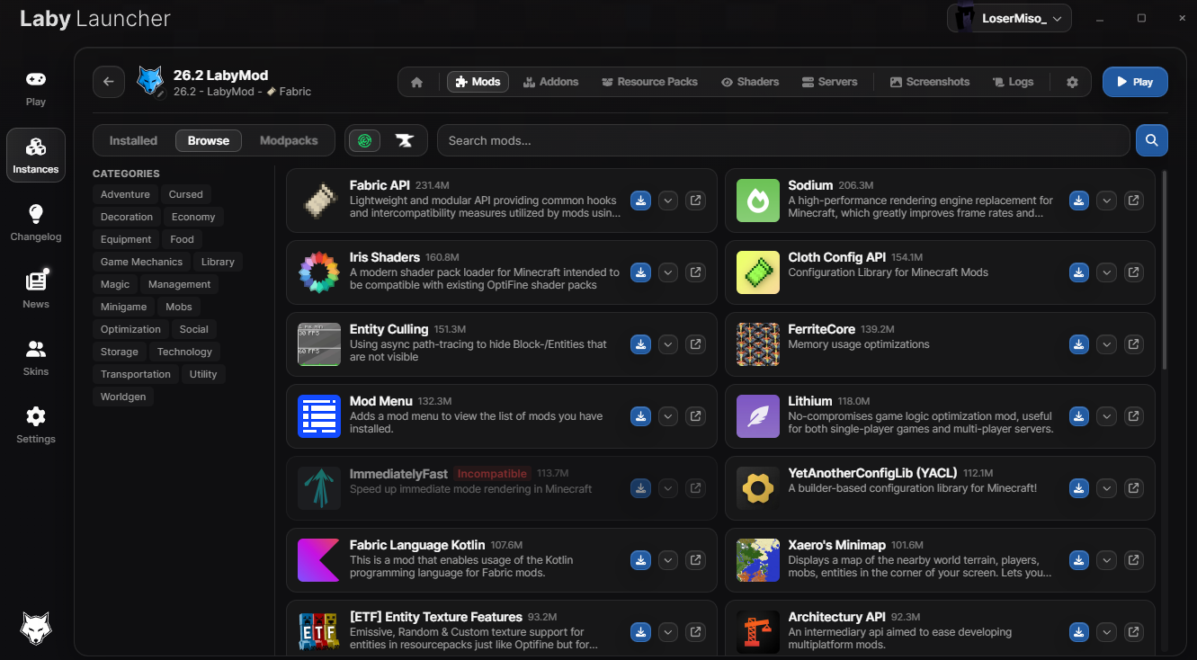 Tlačítka Mods a Browse v LabyModu