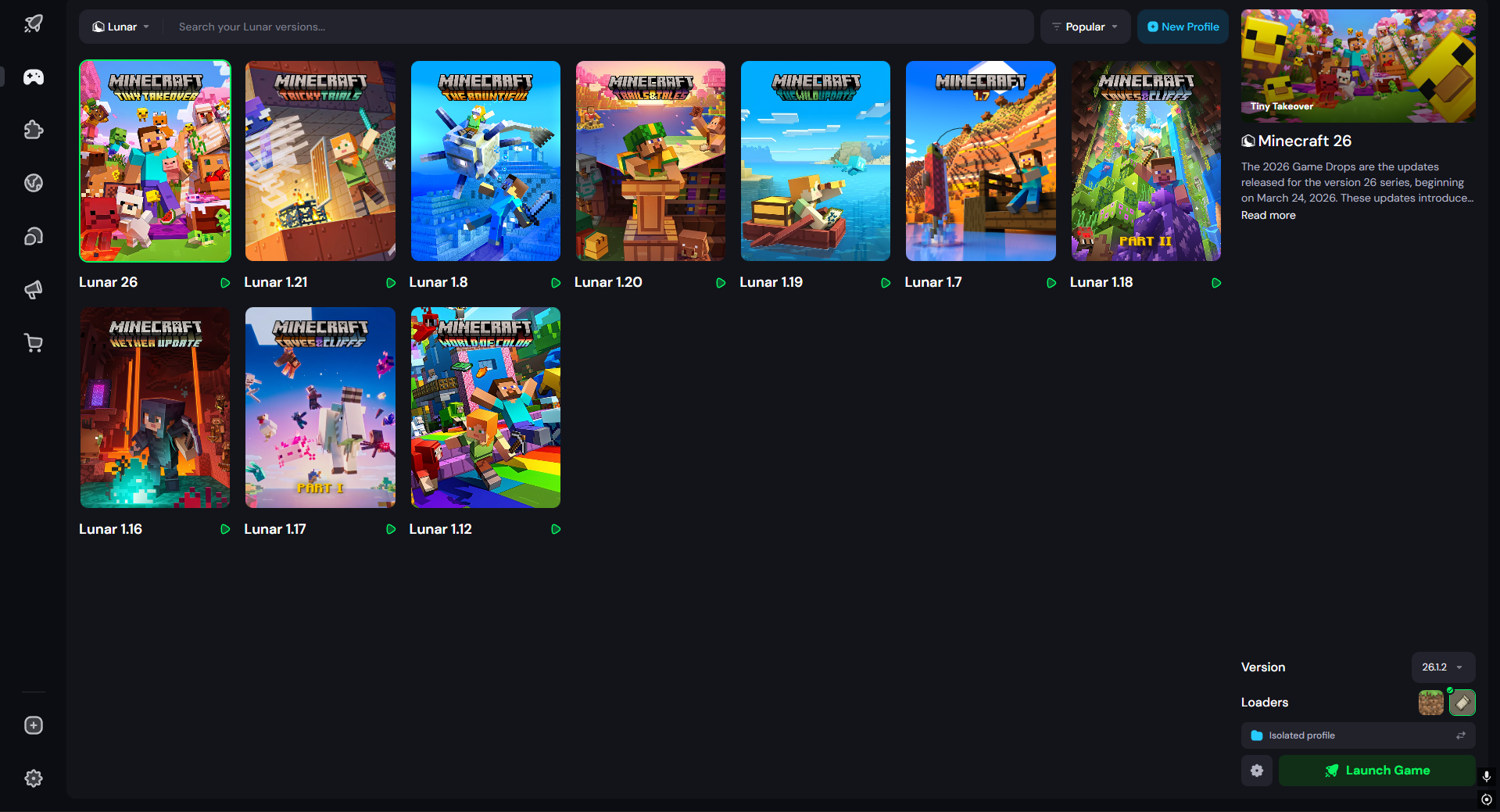 Výběr verze s podporou Fabricu v Lunar Clientu